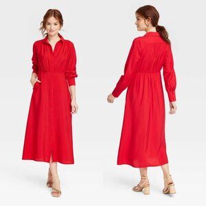 XL - Womens Long Sleeve Collared Midi Crepe Shirtdress - A New Day - Red